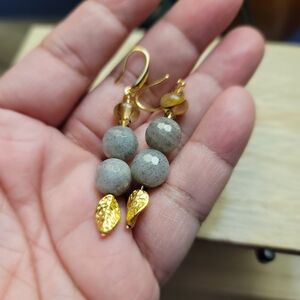 Handmade Labradorite & Volcano Cherry Quartz Dangle Earrings Gold Leaf Charm